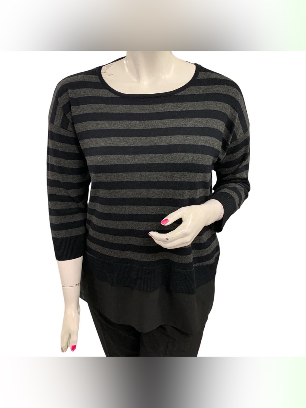 Shannon Passero Black & Gray Striped Scoop Neck Sweater Size L